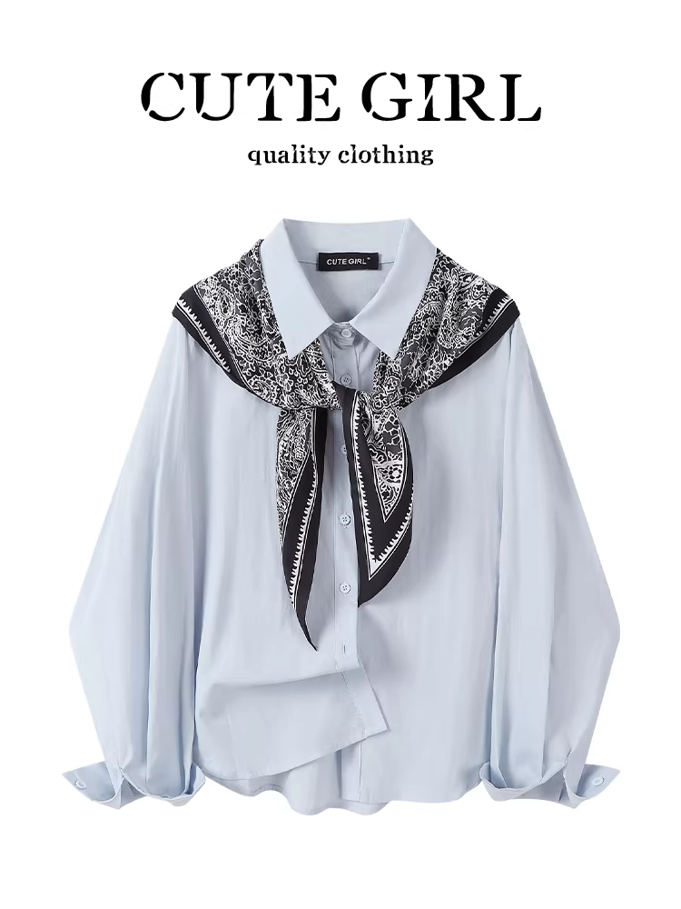 Áo sơ mi dài tay cổ polo màu xanh phong cách Hàn Quốc có khăn quàng cổ dành cho nữ, áo sơ mi đi làm dáng rộng thanh lịch mùa thu đa năng