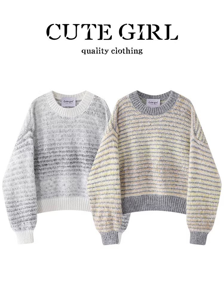 Áo len cổ tròn sọc cổ điển CuteGirl dành cho nữ, thiết kế thu đông, dáng rộng và đa năng, áo mềm mại giảm tuổi tác