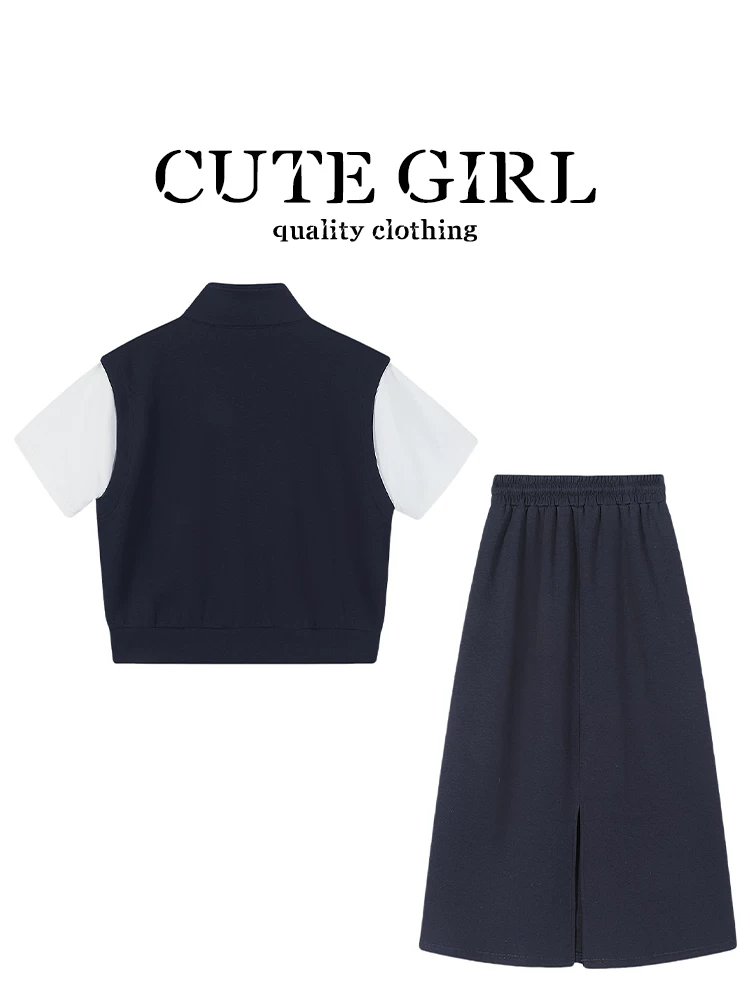 CuteGirl thời trang Hàn Quốc áo thể thao giả hai mảnh dành cho nữ mùa xuân co giãn váy thẳng lưng cao bộ hai mảnh