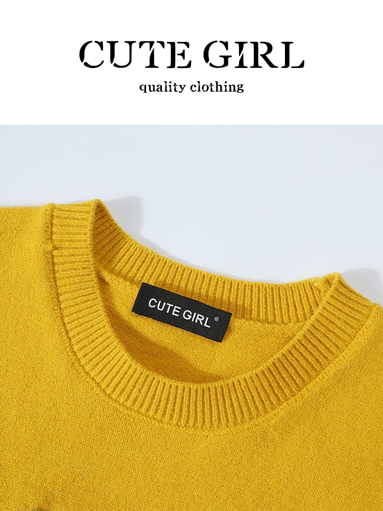 Áo vest dệt kim jacquard màu vàng phong cách lười biếng của CuteGirl dành cho nữ, mùa thu đông, áo vest thanh lịch, rộng rãi, giản dị và đa năng