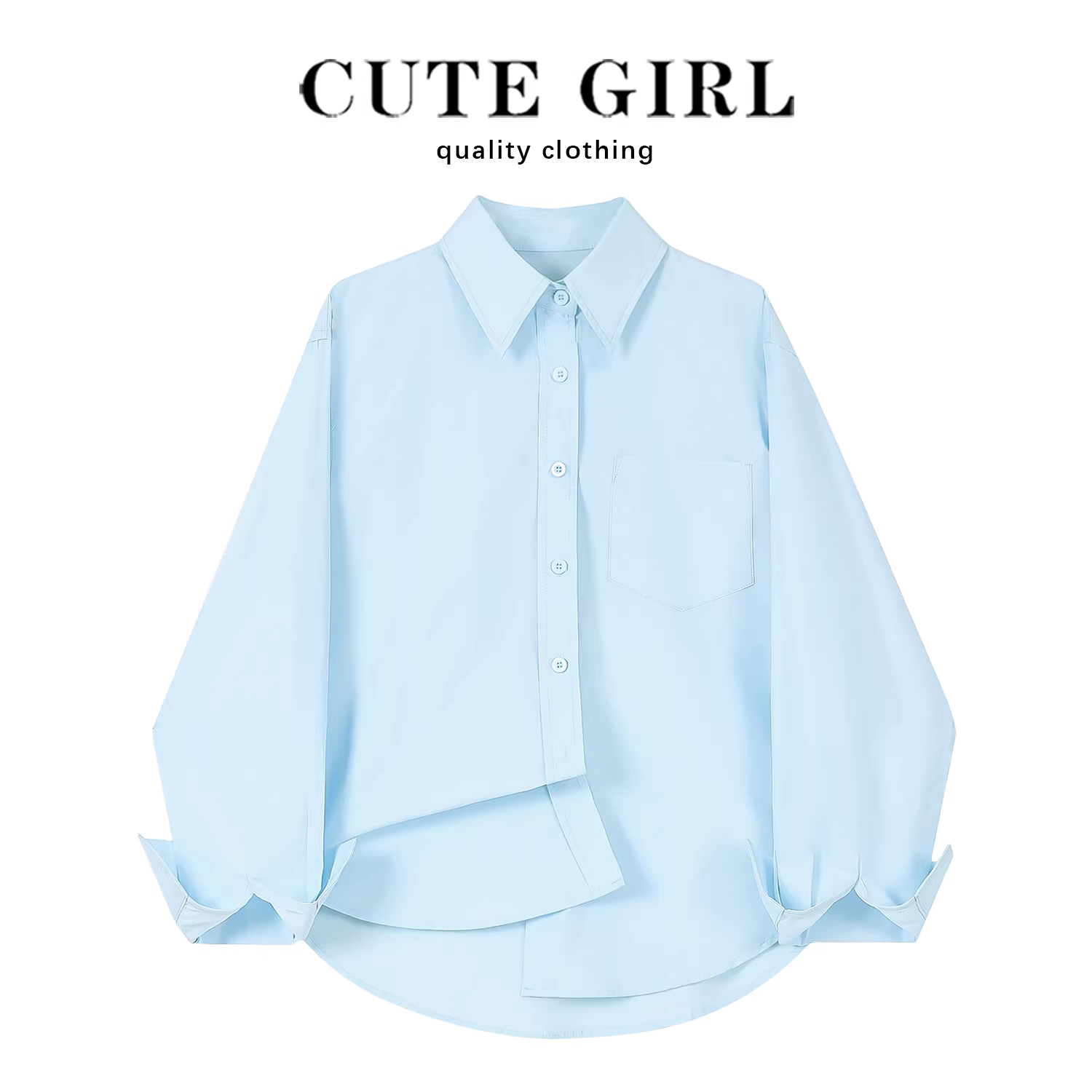 Áo sơ mi nữ tay dài cổ trụ màu xanh kiểu Pháp dễ thương, mùa xuân thu 2025, kiểu dáng mới, chất liệu thoải mái, áo khoác dáng rộng