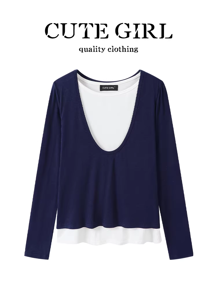 Áo thun dài tay giả hai mảnh màu xanh hải quân phong cách Hàn Quốc dành cho nữ, thiết kế mùa thu, dáng rộng và đa năng, áo độc đáo