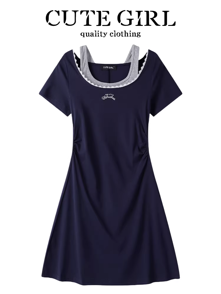 CuteGirl Váy dây đeo cổ phối ren giảm tuổi tác phong cách Hàn Quốc dành cho nữ, thiết kế mùa hè, váy ngắn giả hai mảnh ôm eo