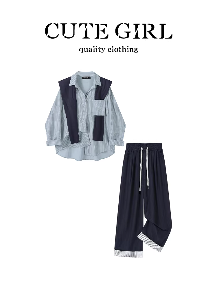 Bộ đồ thu sớm độc đáo và siêu thời trang dành cho nữ, gồm áo sơ mi xanh kèm khăn choàng và quần ống rộng, bộ hai mảnh.