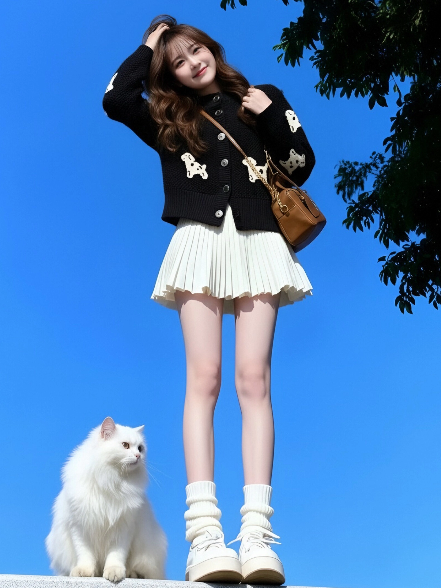 CuteGirl Bộ trang phục mùa đông phong cách Hàn Quốc dành cho nữ, áo len cổ tròn và váy hai mảnh bằng vải jacquard hình chú chó đen