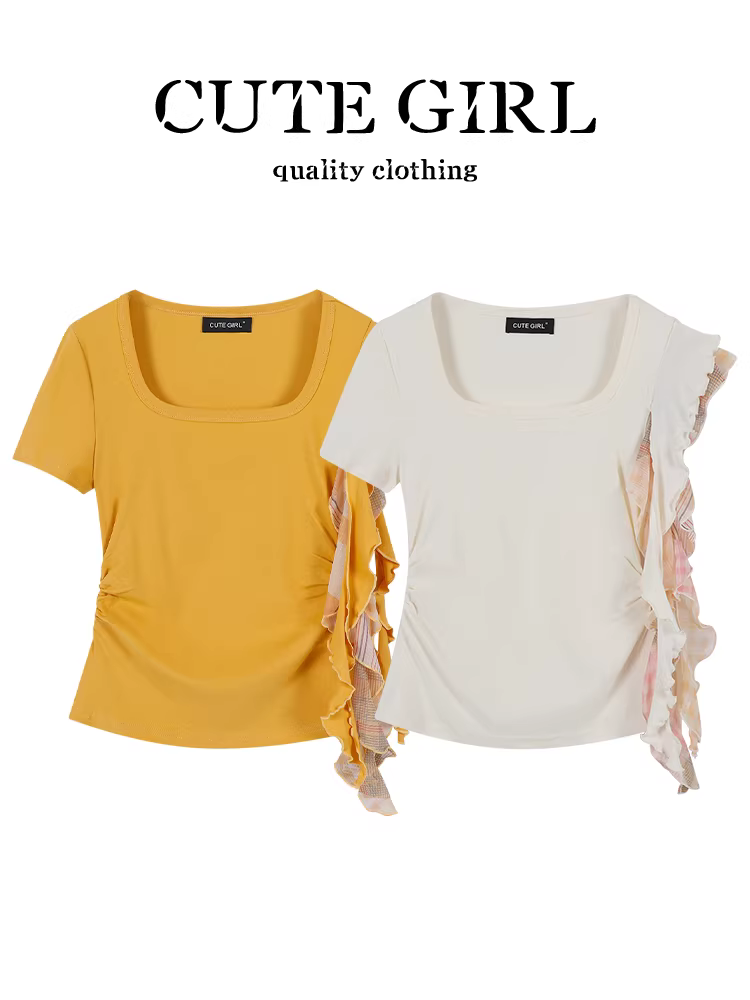 Áo thun ngắn tay màu trắng cổ vuông kiểu Hàn Quốc dễ thương dành cho nữ, áo thun ngắn tay màu trắng cổ vuông kiểu Hàn Quốc, áo thun ngắn tay màu trắng độc đáo và sang trọng dành cho mùa hè.