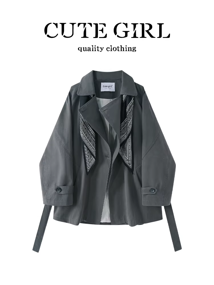 Áo khoác măng tô màu xám hai hàng khuy phong cách Hàn Quốc dễ thương dành cho nữ, mang lại cảm giác cao cấp mùa thu với khăn quàng cổ, áo khoác dài vừa phải