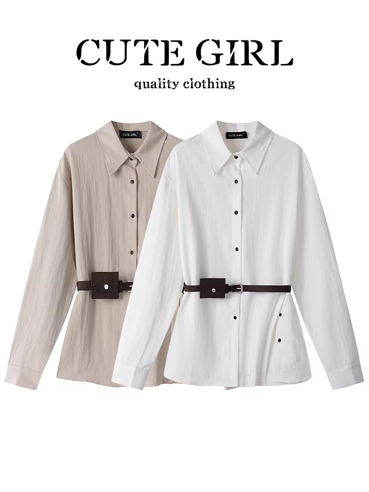 Áo sơ mi cổ polo màu trắng sành điệu có thắt lưng dành cho nữ, mùa thu, dáng rộng, dáng suông, áo đa năng
