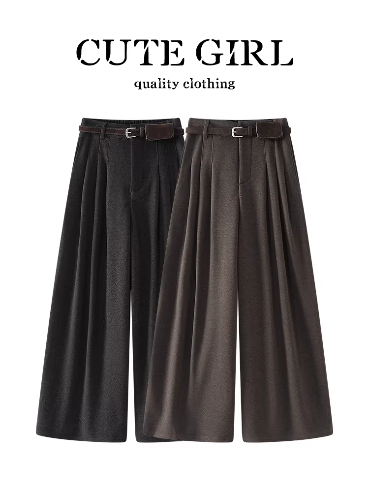 Quần âu dáng thẳng xếp ly màu cà phê cao cấp của CuteGirl dành cho nữ, quần ống rộng đa năng cạp cao giảm béo mùa thu đông