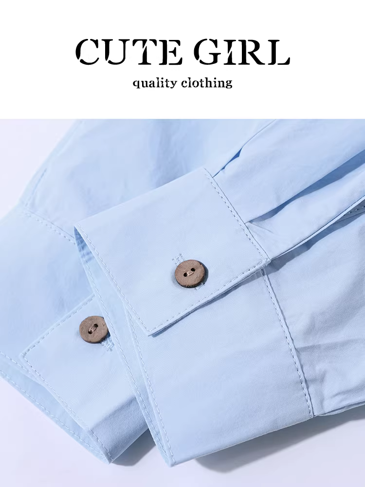 Áo sơ mi cổ polo màu xanh phong cách Hàn Quốc có khăn choàng dành cho nữ, thiết kế mùa thu, áo sơ mi đi làm rộng rãi và đa năng