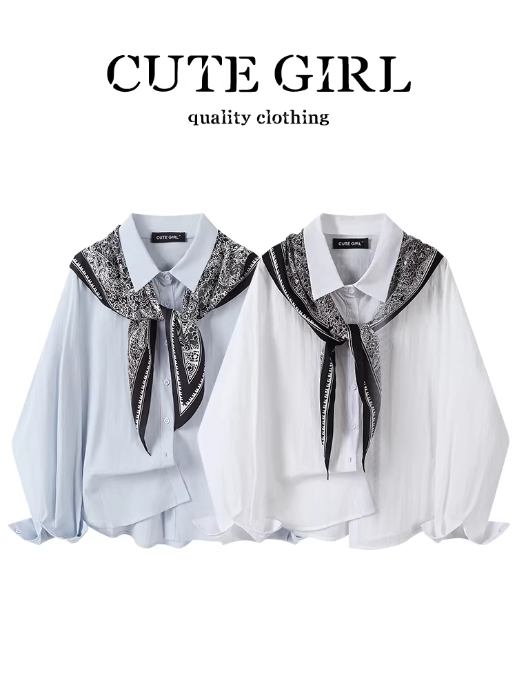 Áo sơ mi cổ polo màu trắng phong cách Pháp của CuteGirl dành cho nữ vào mùa thu với thiết kế rộng rãi và giản dị cùng áo choàng