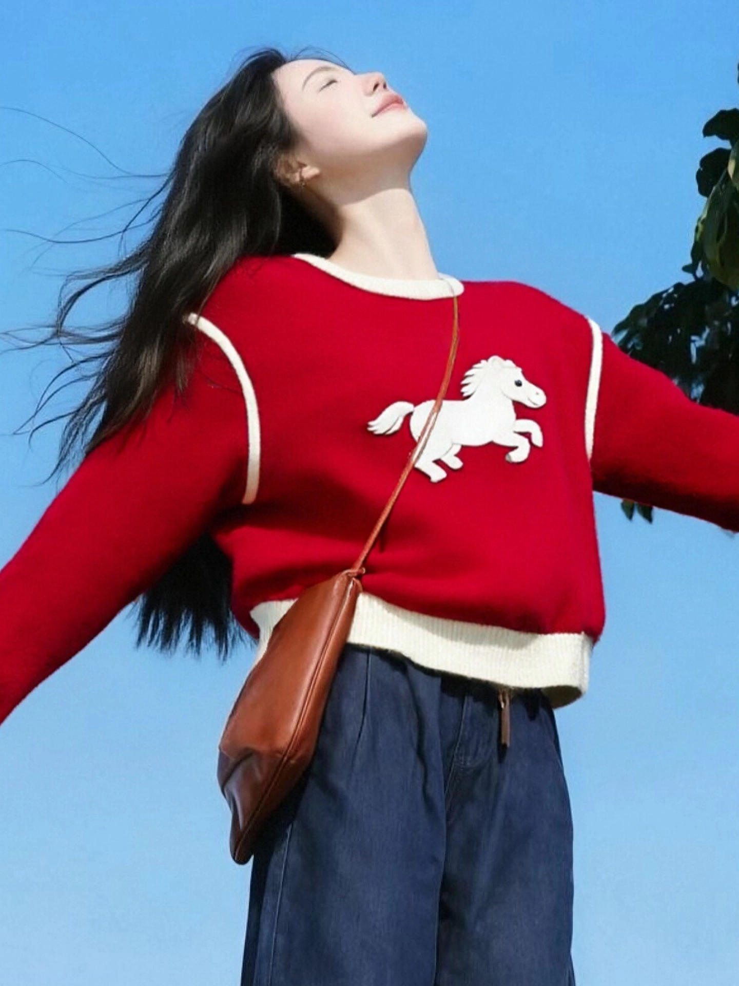 Áo len màu đỏ phong cách phối màu theo cung hoàng đạo của CuteGirl có thêu hình ngựa con dành cho nữ, áo dệt kim mùa đông tuyệt đẹp.