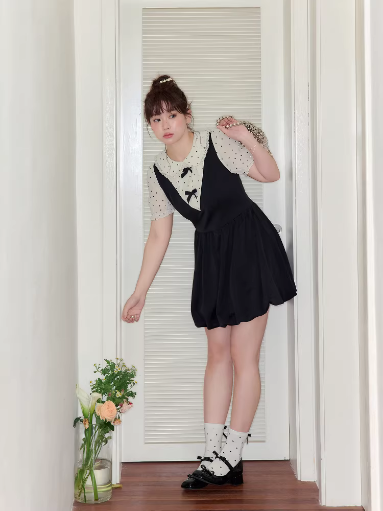 Quần áo nữ cỡ lớn dành cho người lớn, váy mini kiểu cổ điển tôn dáng, váy giả hai mảnh kiểu Pháp chấm bi thắt eo.