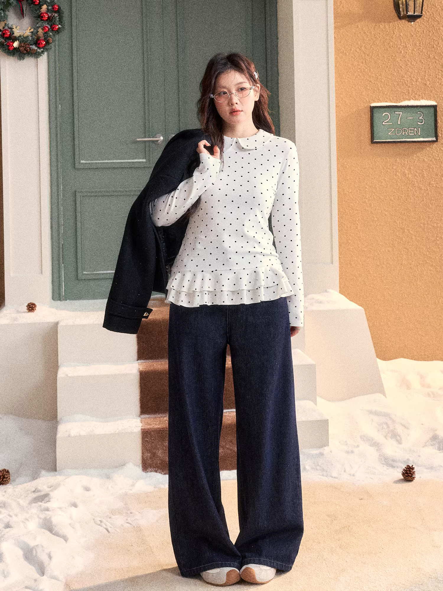 Quần áo nữ cỡ lớn dành cho những cô gái hơi mũm mĩm, áo sơ mi dài tay cổ búp bê kiểu Pháp mùa đông kiểu Pháp.