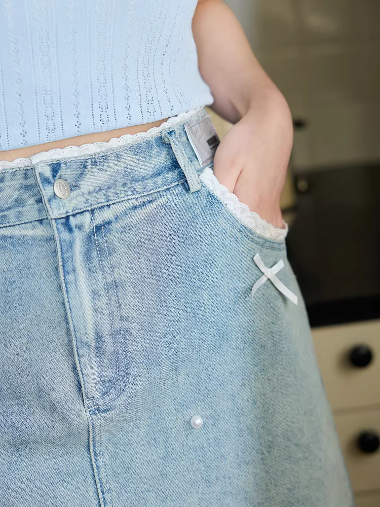 Bộ quần áo mùa hè cỡ lớn dành cho nữ của Zhang Daren dành cho phụ nữ mũm mĩm, giúp thon gọn, tươi trẻ và trẻ trung, áo thun ngắn tay, váy denim lưng cao.