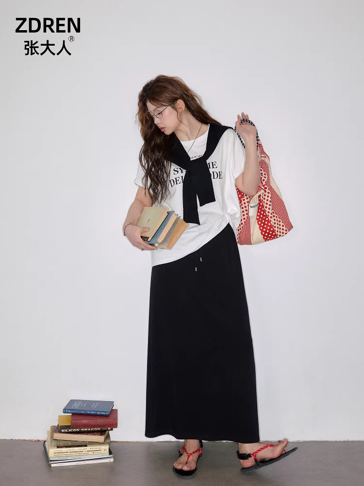 Quần áo nữ cỡ lớn dành cho người lớn, trang phục giảm béo cho các cô gái mũm mĩm, áo thun thường ngày giảm tuổi tác, váy dáng quả lê.