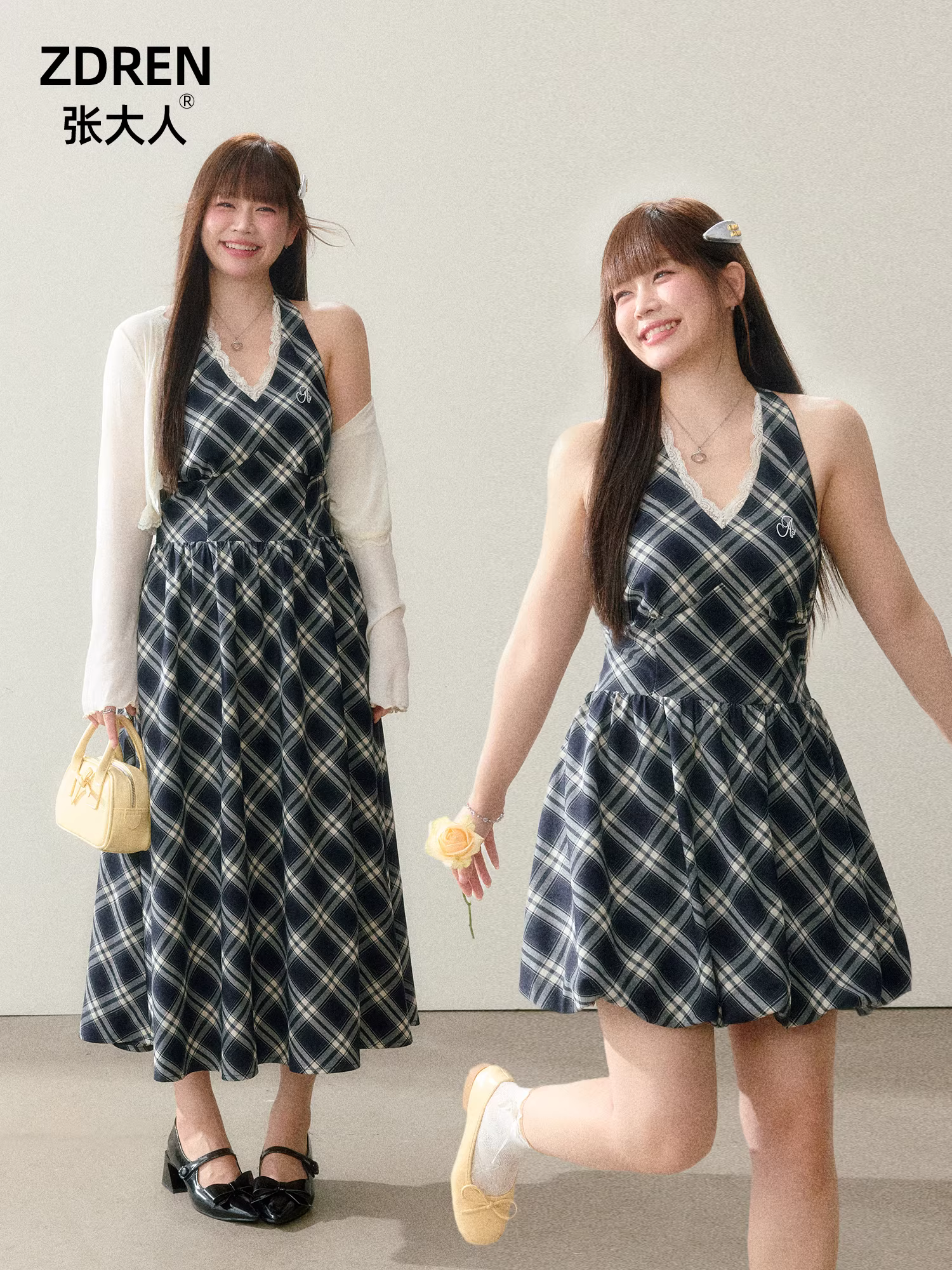 Quần áo mùa hè cỡ lớn dành cho nữ của Zhang Daren dành cho những cô nàng mũm mĩm, váy cổ yếm thon gọn, phong cách tiệc kiểu Pháp, váy kẻ sọc ôm eo.