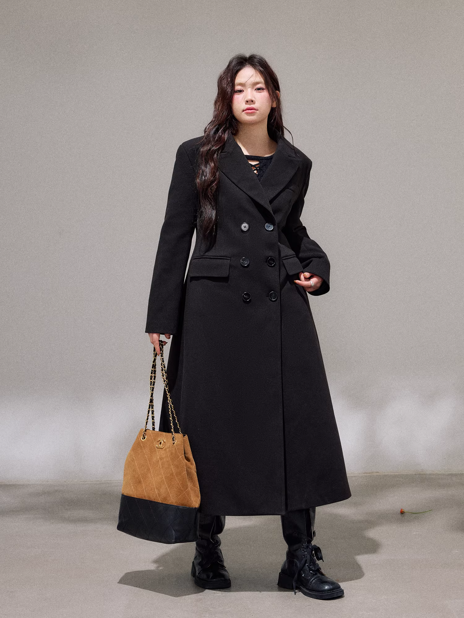 Áo khoác len đen dáng dài, cài khuy đôi, eo thon, kiểu Hàn Quốc, thu đông dành cho nữ cỡ lớn.