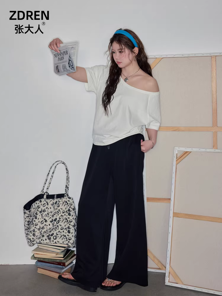 Quần áo mùa hè cỡ lớn dành cho nữ Zhang Daren 2025 dành cho người hơi mũm mĩm, bộ đồ tôn dáng với áo thun ngắn tay trễ vai và quần suông thoải mái.