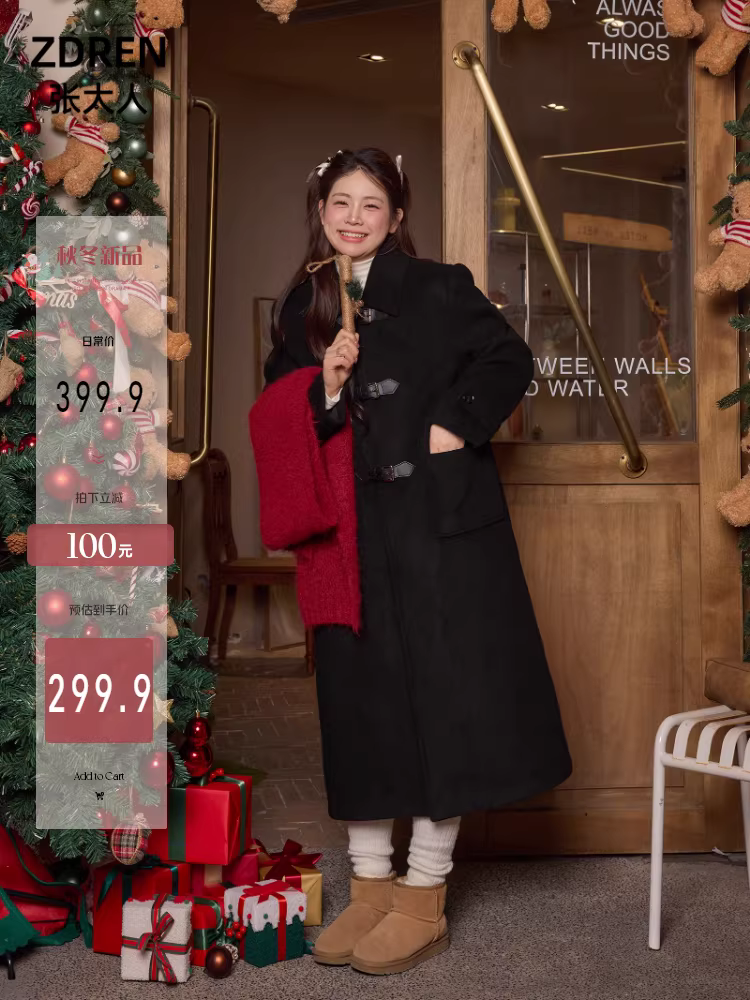 Áo khoác len đen mùa đông mới năm 2025 của Zhang Daren dành cho nữ, được thiết kế bởi một cô con gái có trình độ học vấn ở nước ngoài, dài trung bình, kiểu dáng vai thường.
