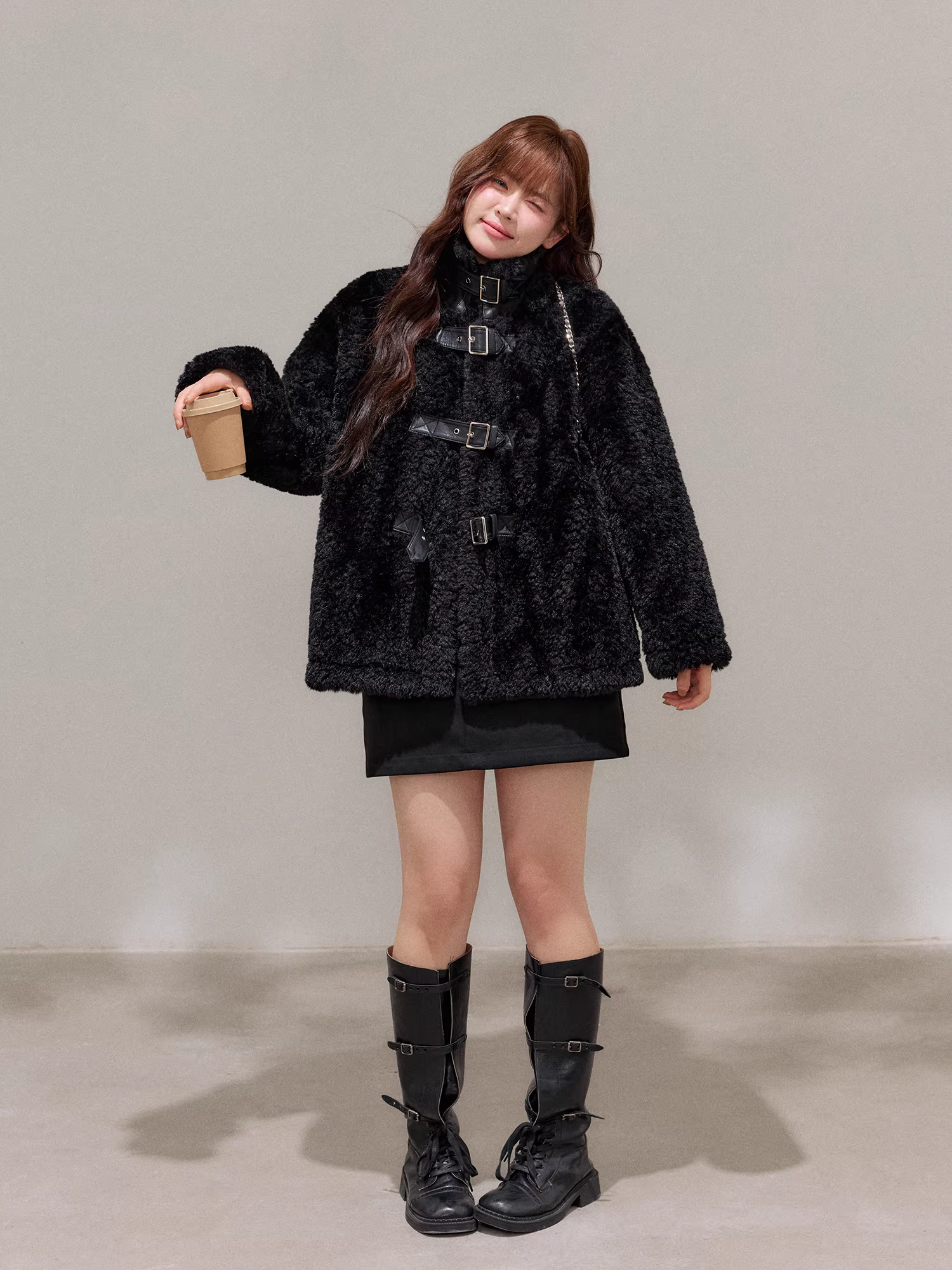 Bộ áo khoác và váy len cừu màu đen thanh lịch, dáng ôm, mùa đông dành cho phụ nữ cỡ lớn, dành cho các cô gái mũm mĩm.