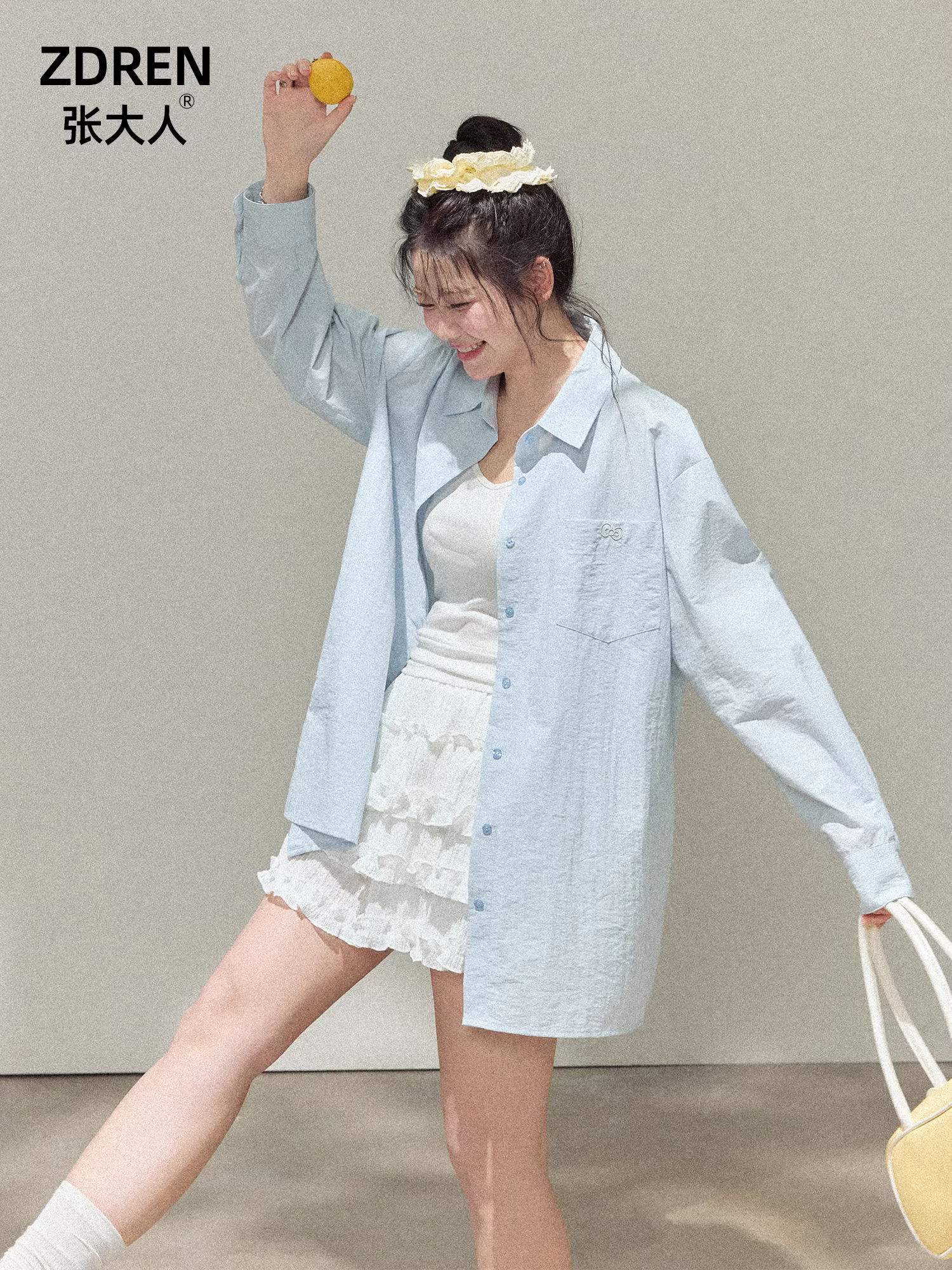 Quần áo nữ cỡ lớn dành cho người lớn, váy kiểu công chúa màu trắng tinh khiết, áo sơ mi màu xanh da trời, trang phục dopamine, bộ giảm béo.