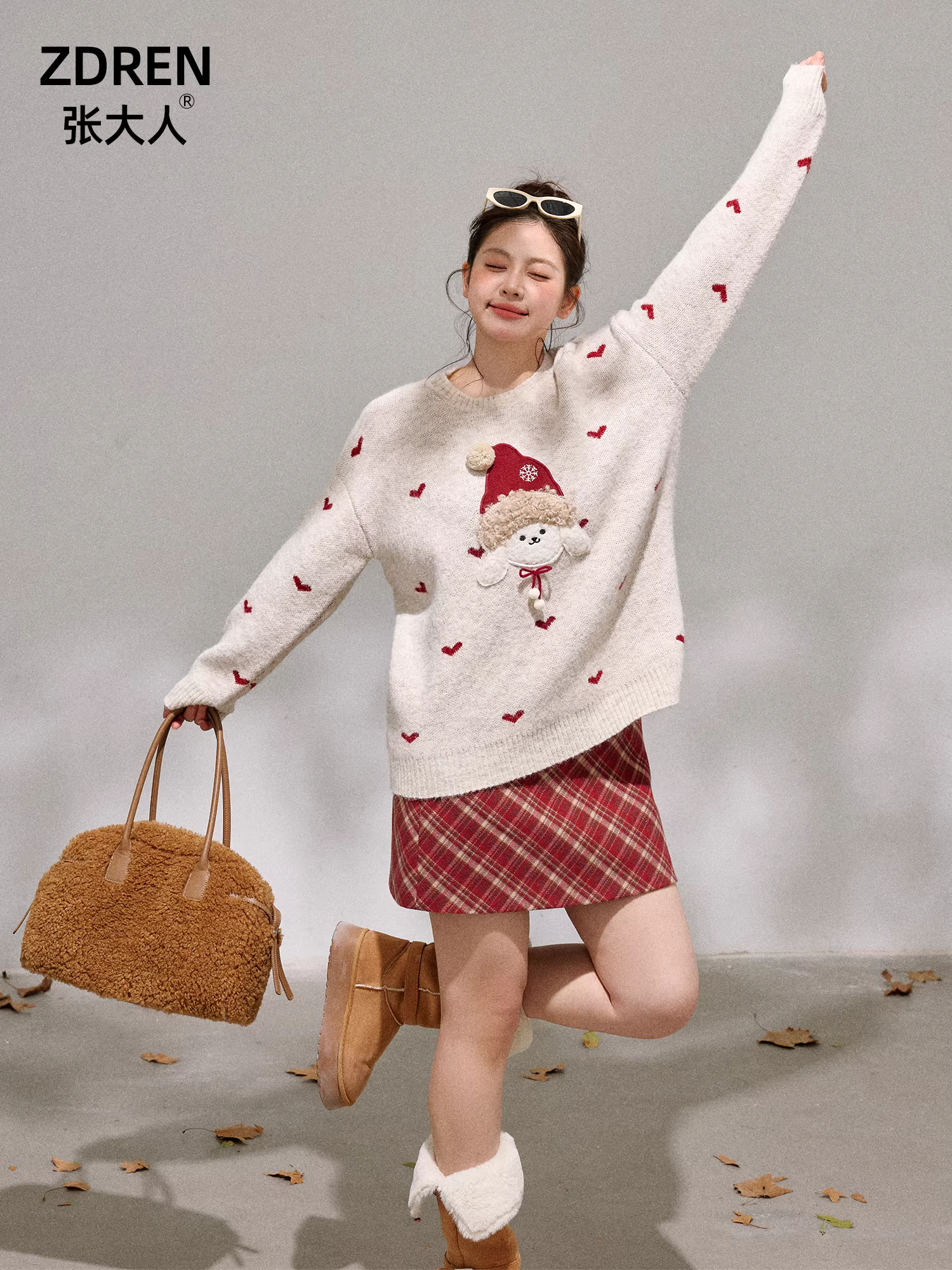 Quần áo nữ cỡ lớn dành cho người lớn, hơi mũm mĩm, phong cách Hàn Quốc, giảm béo mùa đông, phong cách ngọt ngào, áo len hình người tuyết, bộ váy kẻ sọc đỏ.