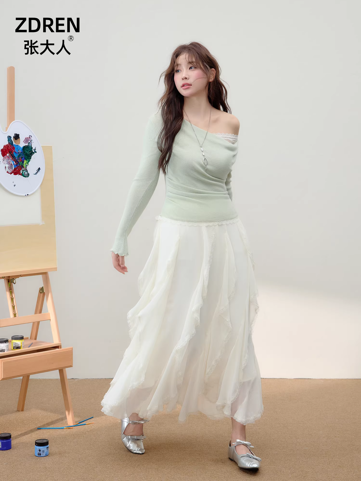 Quần áo nữ cỡ lớn dành cho người lớn, trang phục giảm béo cho các cô gái mũm mĩm, phong cách nghệ thuật, vẻ ngoài dịu dàng, áo trễ vai có thiết kế tinh tế, váy nửa thân.