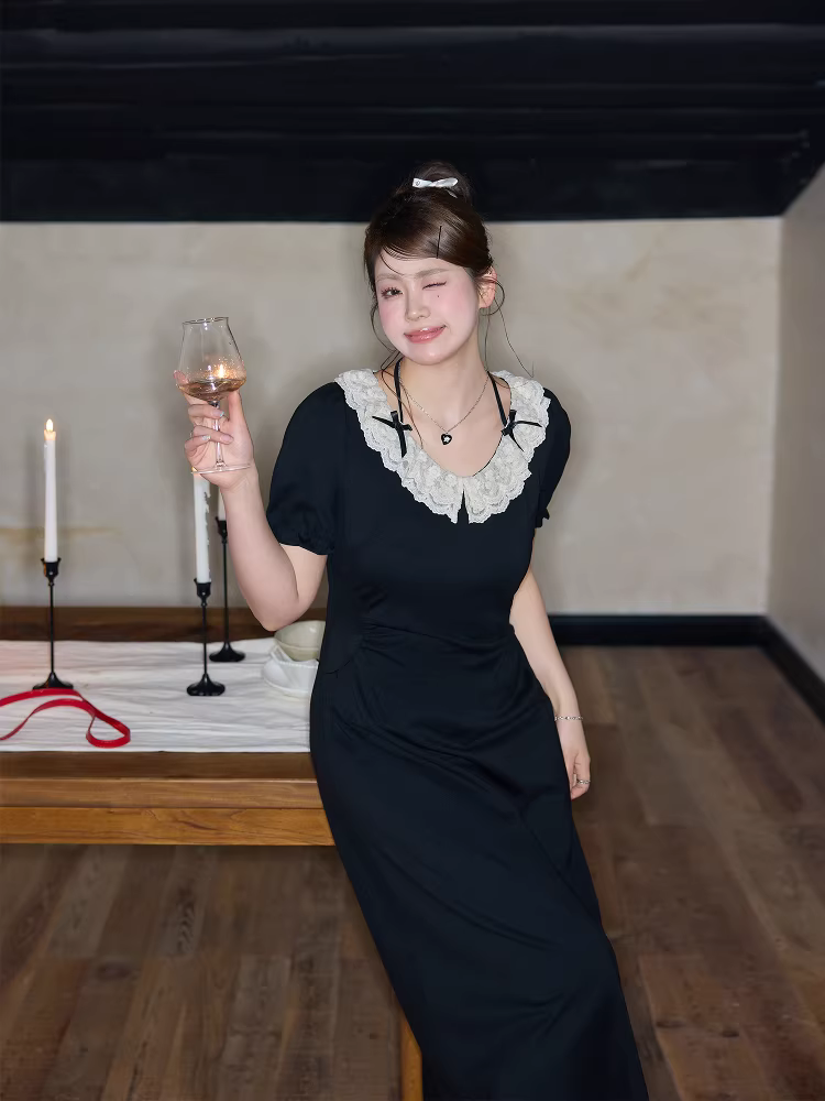 Quần áo nữ cỡ lớn dành cho các cô nàng hơi mũm mĩm, phong cách mùa hè, thiết kế ren thanh lịch, ôm eo, đầm đen tôn dáng.