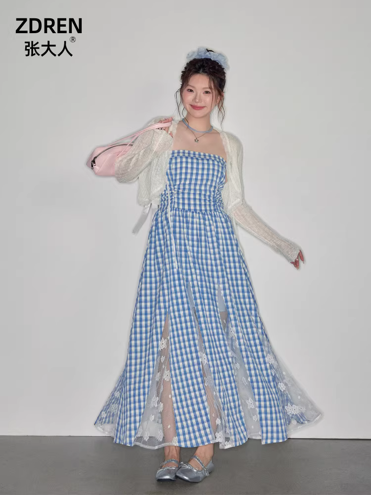 Quần áo nữ cỡ lớn dành cho người lớn, váy giảm béo cho các cô gái mũm mĩm, phong cách đi nghỉ mát, váy chữ A kiểu dáng ống kẻ sọc khí chất cho mùa hè.