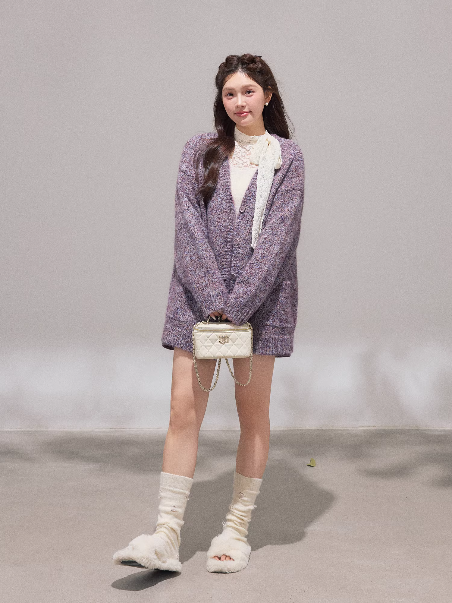 Bộ áo khoác và váy len màu tím kiểu Hàn Quốc, dáng ôm, phong cách quý tộc, dành cho phụ nữ cỡ lớn, mùa đông.