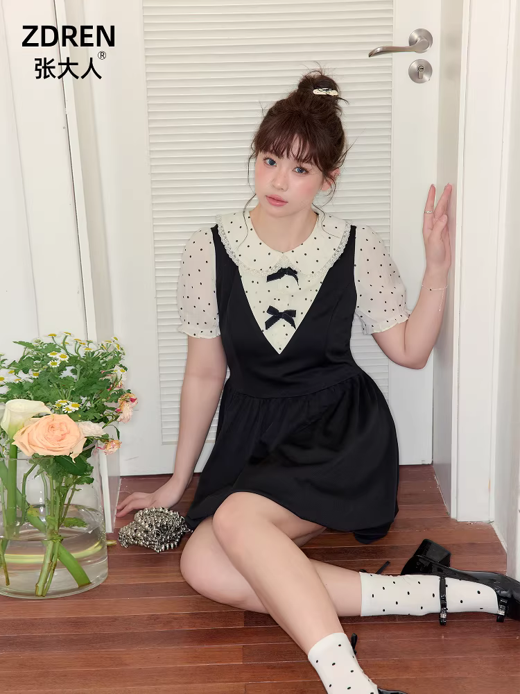 Quần áo nữ cỡ lớn dành cho người lớn, váy mini kiểu cổ điển tôn dáng, váy giả hai mảnh kiểu Pháp chấm bi thắt eo.