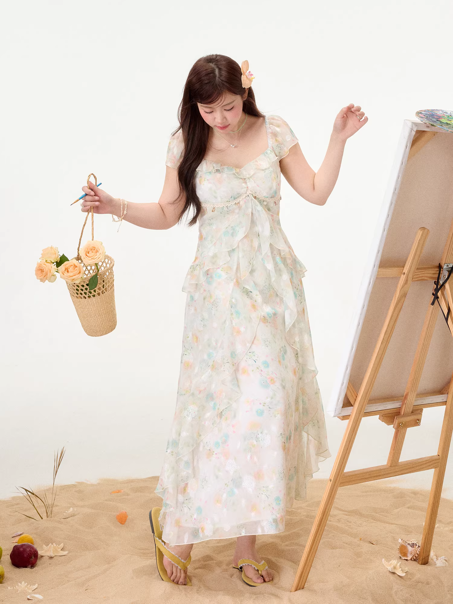 Quần áo nữ cỡ lớn dành cho người lớn, đầm hoa lãng mạn kiểu Pháp mùa hè mới, đầm dài voan phong cách nghỉ dưỡng.