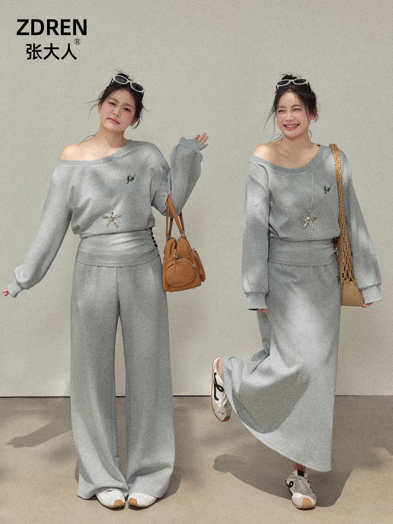 Quần áo nữ cỡ lớn dành cho các cô nàng mũm mĩm, bộ trang phục thon gọn với áo len màu xám lệch vai, phong cách giản dị, năng động.