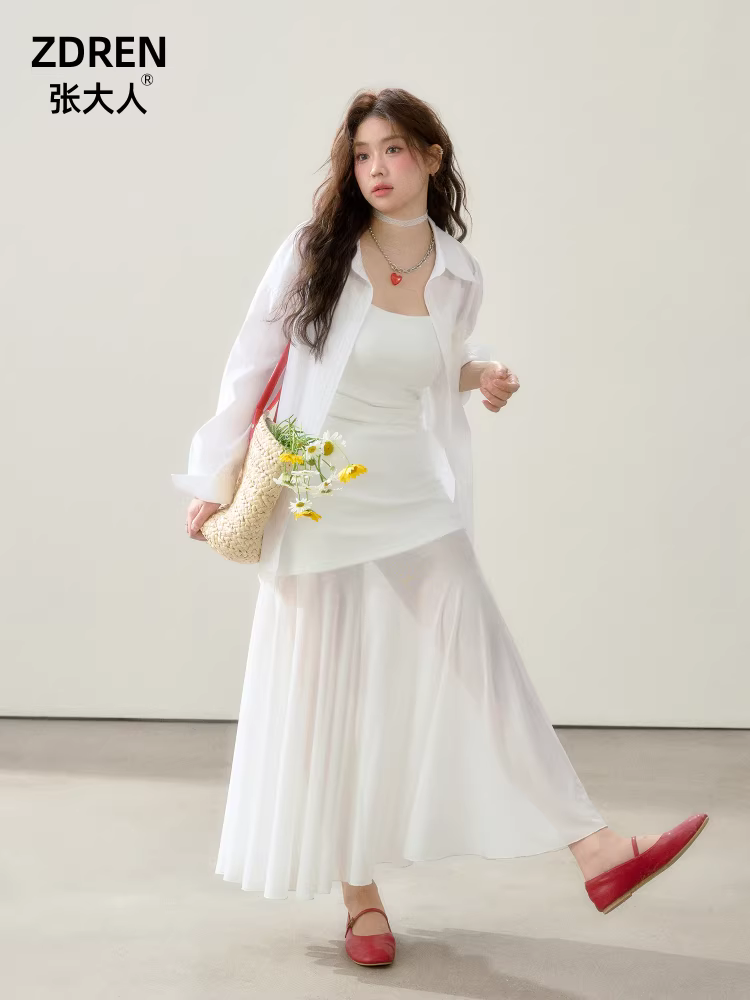 Quần áo nữ cỡ lớn dành cho người lớn, váy giảm béo cho các cô gái mũm mĩm, váy ánh trăng trắng thanh lịch và sành điệu cho mùa hè.