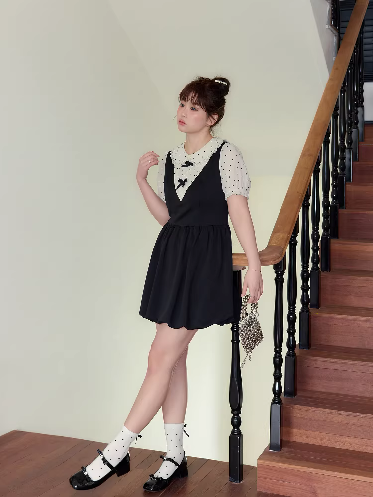 Quần áo nữ cỡ lớn dành cho người lớn, váy mini kiểu cổ điển tôn dáng, váy giả hai mảnh kiểu Pháp chấm bi thắt eo.