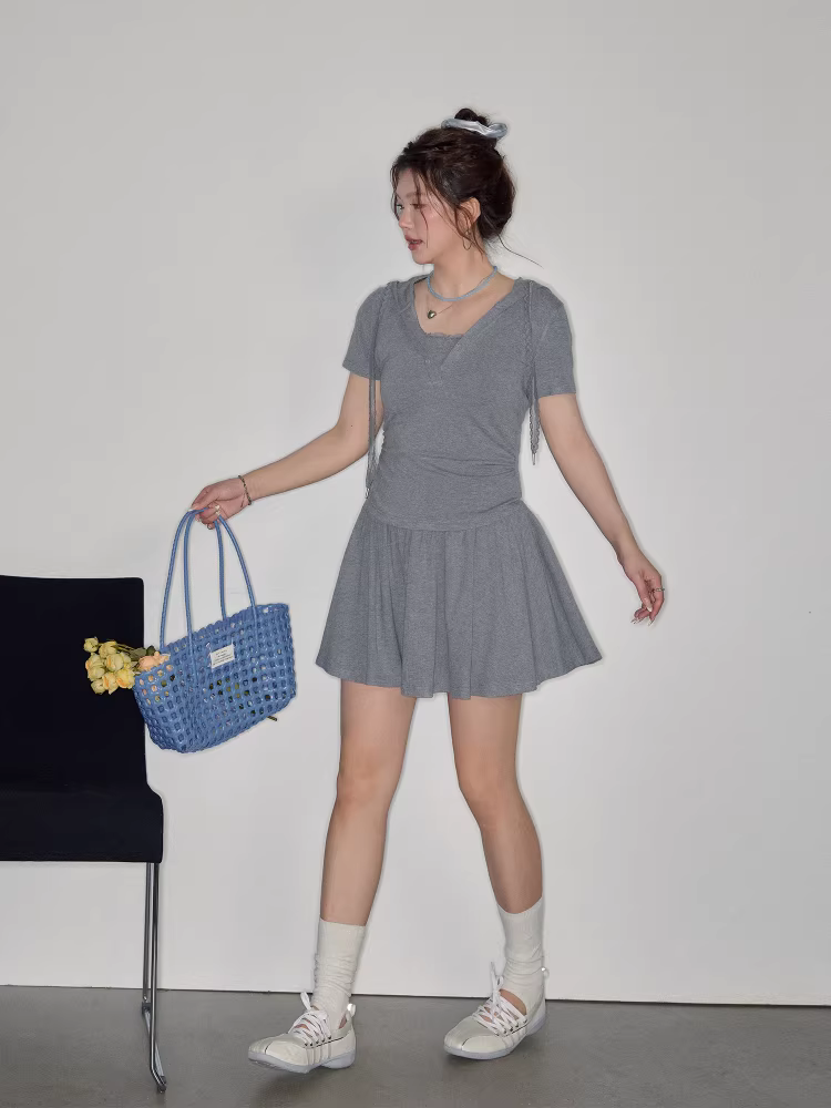 Quần áo nữ cỡ lớn dành cho người lớn, bộ áo thun ngắn tay màu xám ôm dáng và chân váy kiểu dáng mùa hè mới.