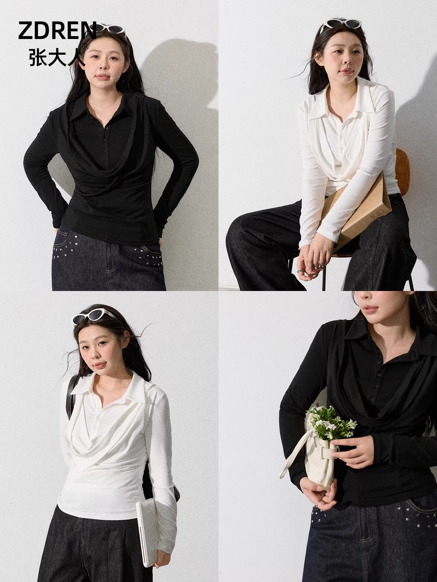 Quần áo nữ cỡ lớn dành cho người lớn, phong cách mùa thu mới dành cho các cô gái mũm mĩm, thiết kế cổ áo POLO kiểu Hàn Quốc giúp thon gọn, áo màu đen và trắng.