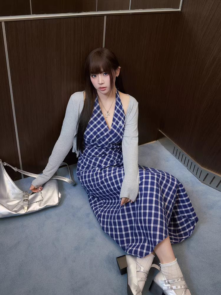 Quần áo nữ cỡ lớn dành cho người lớn, váy dây kẻ sọc giảm béo, váy phong cách quý tộc cổ điển kiểu Pháp.