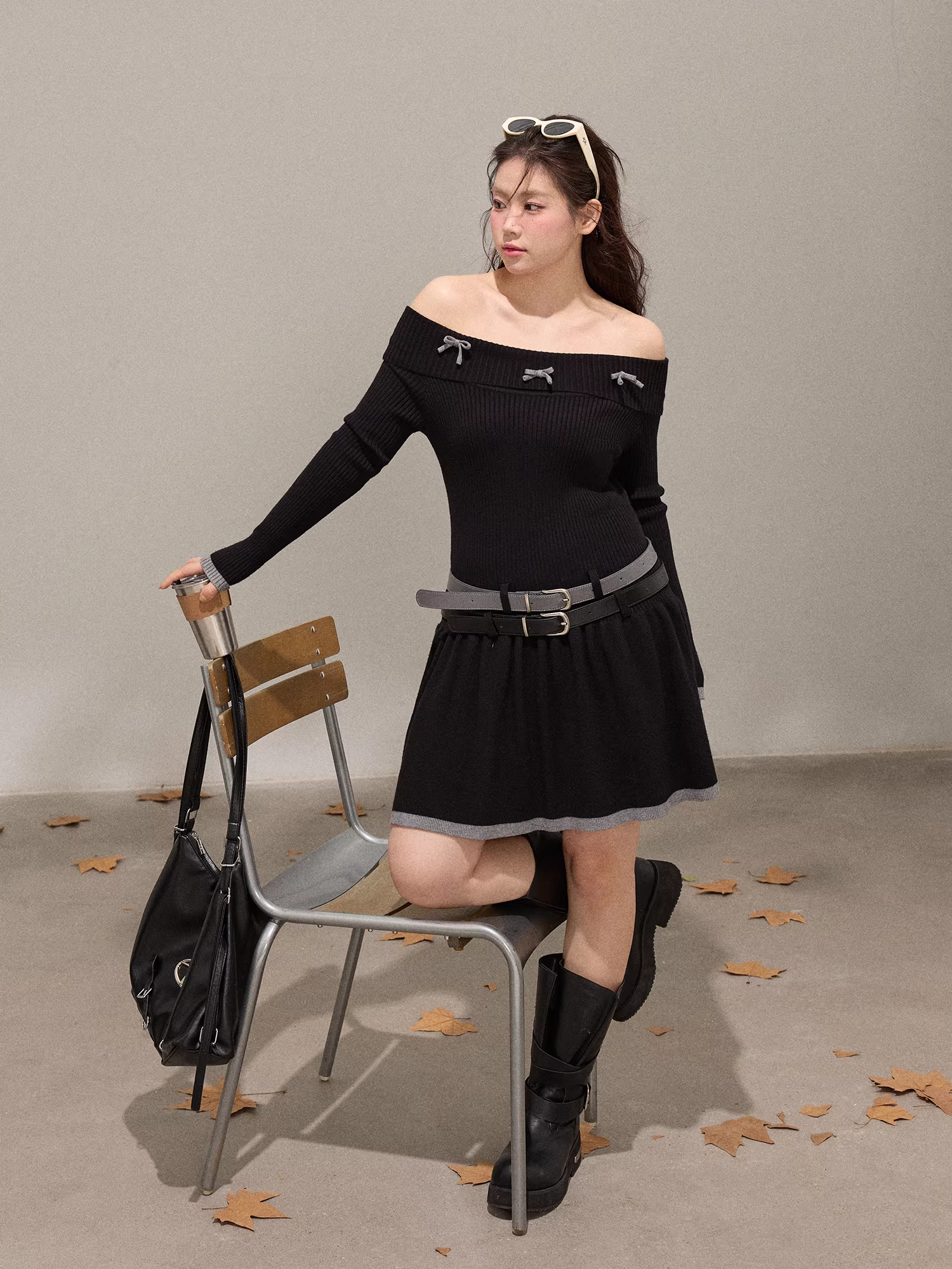 Quần áo nữ cỡ lớn dành cho các cô nàng hơi mũm mĩm, phong cách Hàn Quốc, thời trang mùa đông giúp thon gọn, đầm len trễ vai, ôm eo.