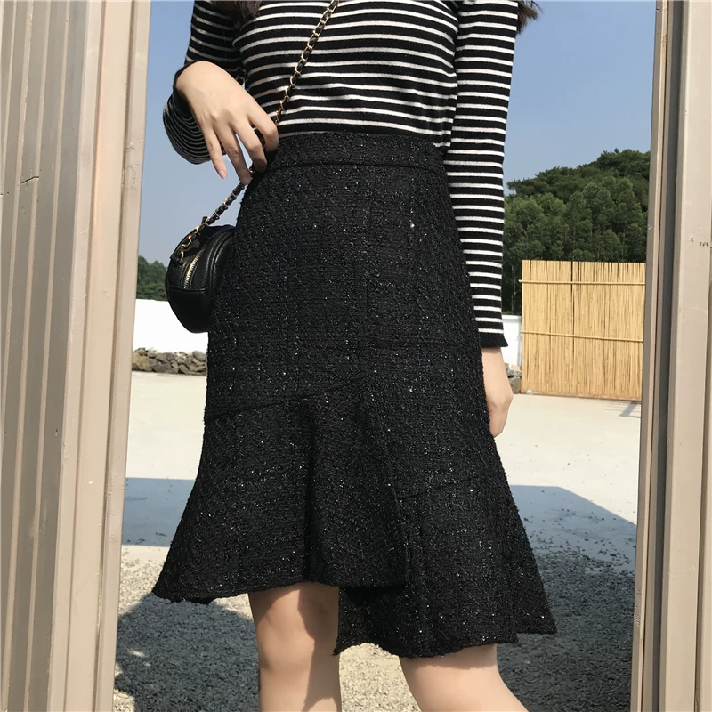 Váy đuôi cá bằng vải tweed cỡ lớn, váy bút chì chữ A cạp cao mùa thu đông có đường xẻ, váy dài vừa phải không đều cho phụ nữ có đường cong.