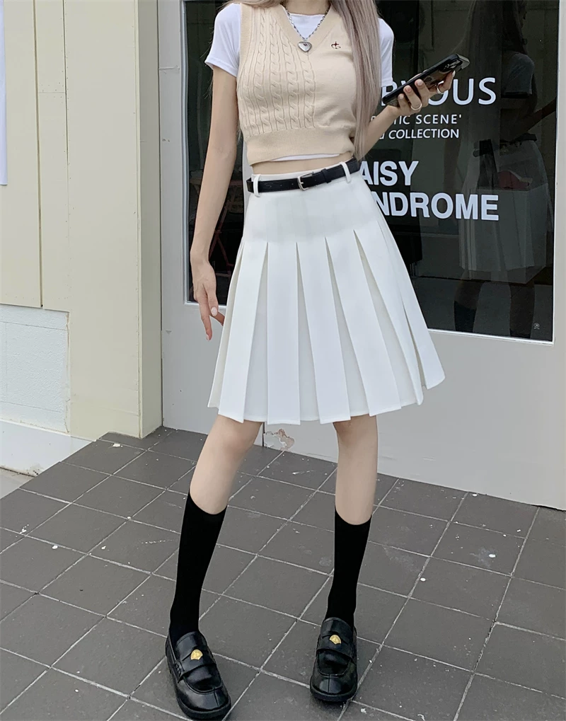 Váy xếp ly lưng cao màu xám, váy chữ A dài vừa phải mùa hè dành cho nữ, váy kiểu vest che bụng, váy JK.