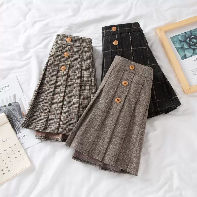 Váy len xếp ly cỡ lớn, váy ngắn, váy nửa thân cho nữ, mùa thu đông, giảm béo cho phụ nữ mũm mĩm, che hông, váy kẻ sọc dày, váy chữ A.