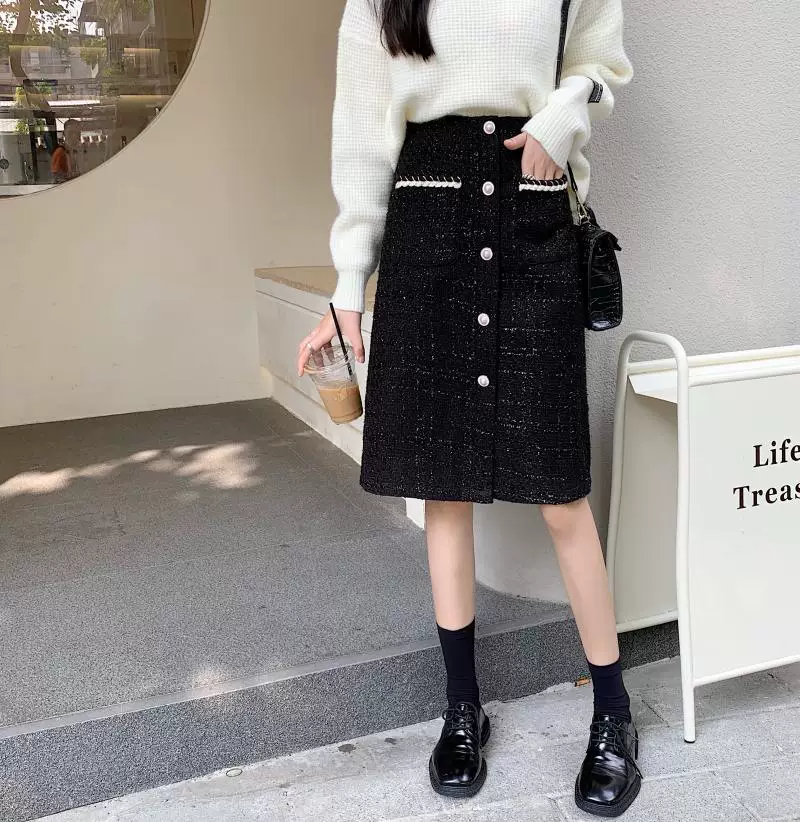 Váy tweed cỡ lớn dành cho nữ, mùa thu đông, váy midi cạp cao ôm hông, tôn dáng, che hông, váy ngắn dáng chữ A dành cho phụ nữ có đường cong.