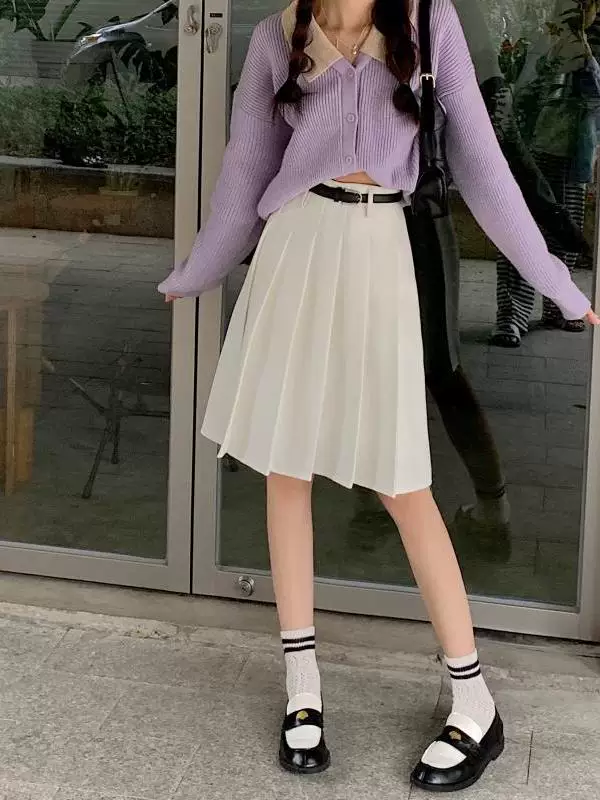 Váy xếp ly trắng nữ, váy dài trung bình, kiểu mới hè 2025, cạp cao, dáng chữ A tôn dáng, váy xòe, váy nửa thân size lớn.