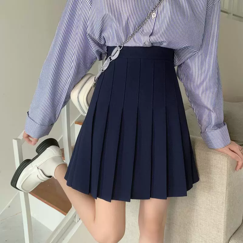 Váy xếp ly màu xanh váy nửa thân dành cho nữ mùa thu cỡ lớn màu xám lưng cao giảm béo dài vừa phải phong cách trường học jk 100% off váy ngắn chữ a