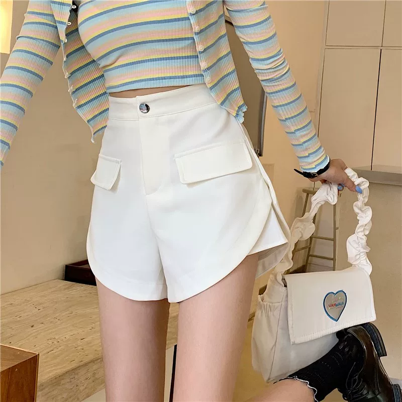 Quần short vest đen lưng cao dành cho nữ, quần ống rộng dáng chữ A rộng rãi, thiết kế độc đáo, quần công sở thường ngày, size lớn mùa hè.