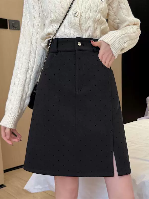 Váy len xẻ tà màu xám chấm bi cỡ lớn dành cho nữ, mùa thu đông, váy chữ A che hông, váy midi định hình cơ thể cho người béo mm