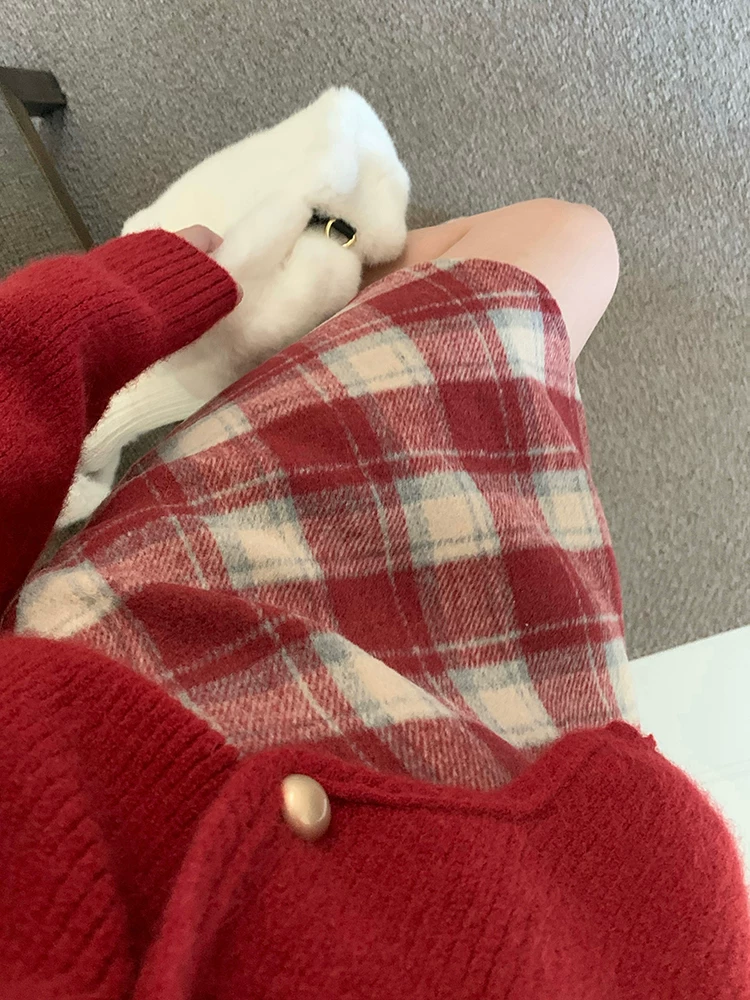 Váy len kẻ sọc đỏ giáng sinh dành cho nữ, váy thu đông, váy ngắn nhỏ nhắn, váy chữ A ôm hông lưng cao