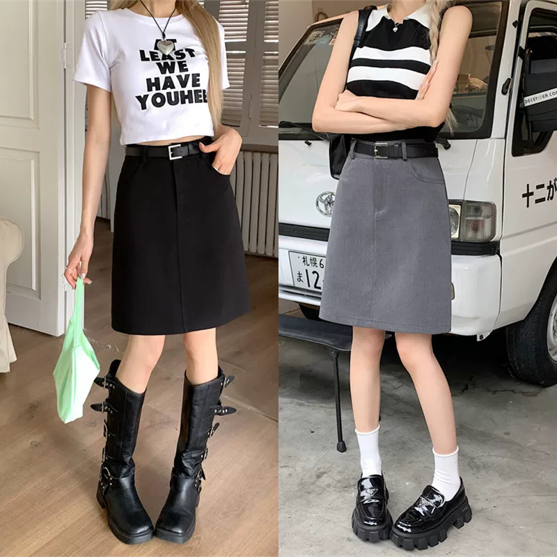 Váy midi kiểu vest màu xám dành cho nữ, cỡ lớn, cạp cao, che hông, thiết kế mùa hè, kiểu dáng chữ A ngắn.